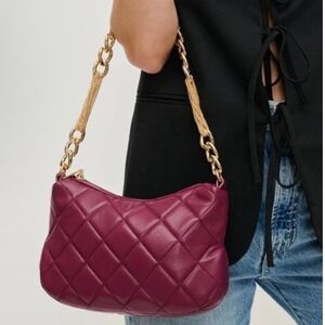 Urban Expressions Quilted Shoulder Bag Burgundy Plum Gold Chain Vega Leather NWT